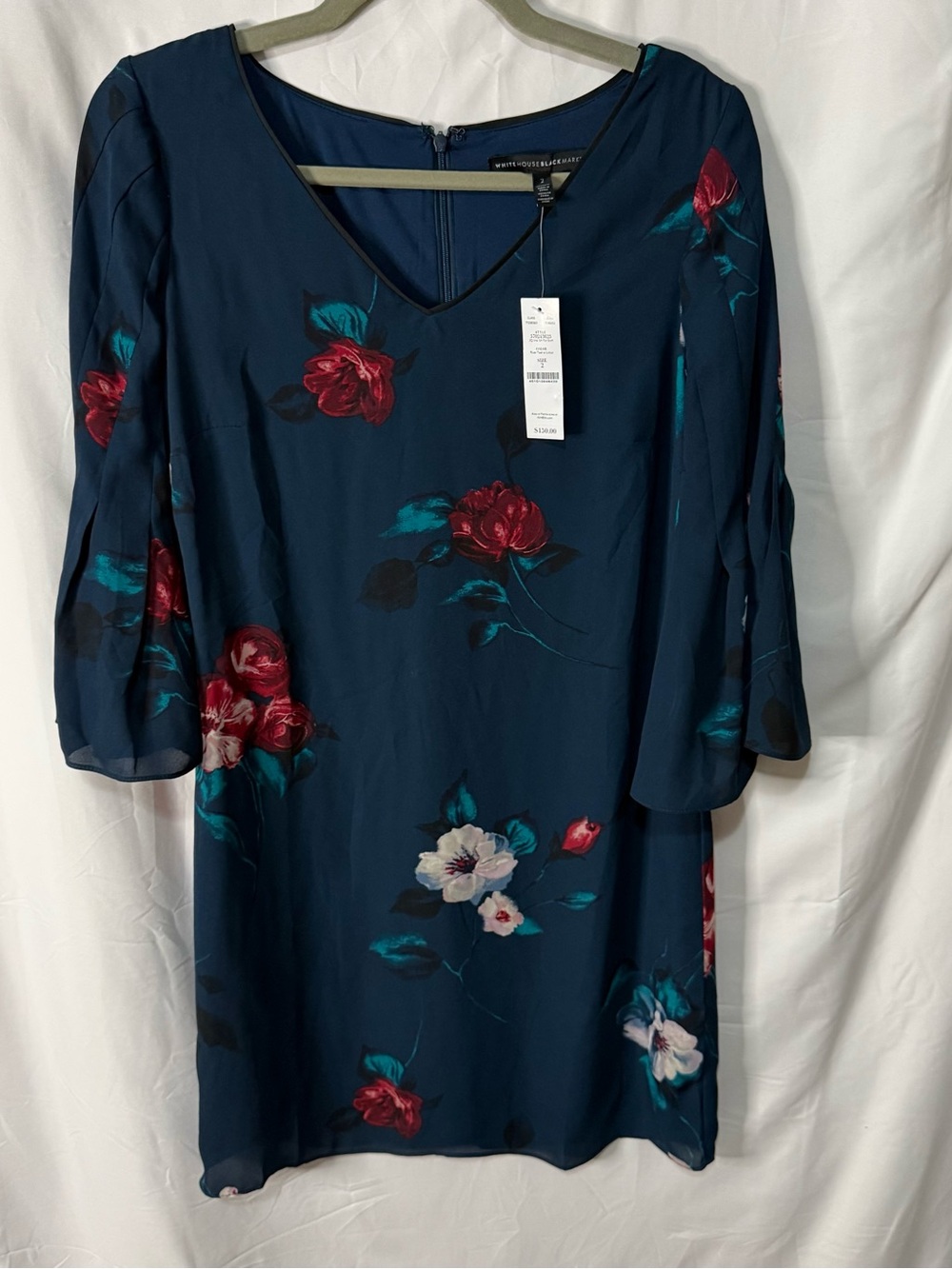 White House Black Market Dress Size 2 Teal Floral Bell Sleeve Shift NWT $130